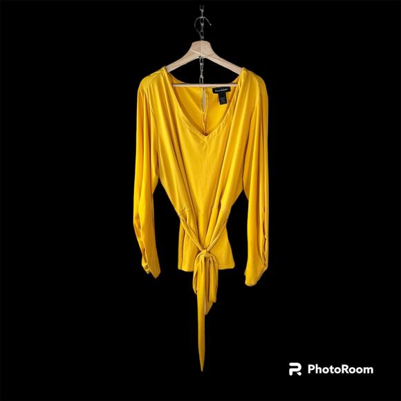 3/$20 Ashley Stewart Women's 30/32 Yellow Long Sleeved Ruched Peplum Top Blouse - Picture 2 of 10